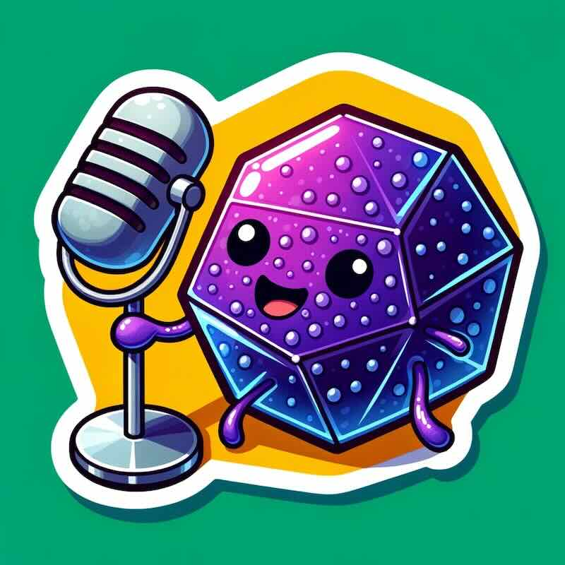 A smiling cartoon phage beside a podcast microphone